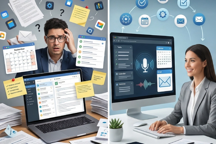  Gráfico comparativo entre el caos de aplicaciones separadas y la eficiencia de un asistente virtual unificado